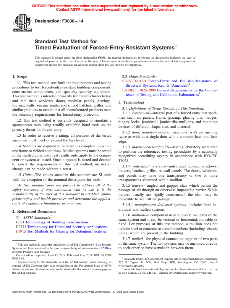 ASTM F3038-14 - Standard Test Method for Timed Evaluation of Forced-Entry-Resistant Systems