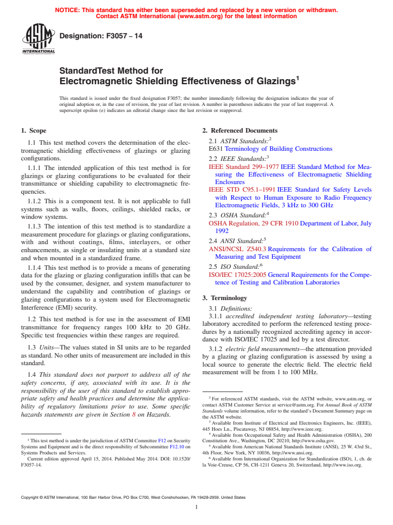 ASTM F3057-14 - Standard Test Method for Electromagnetic Shielding Effectiveness of Glazings