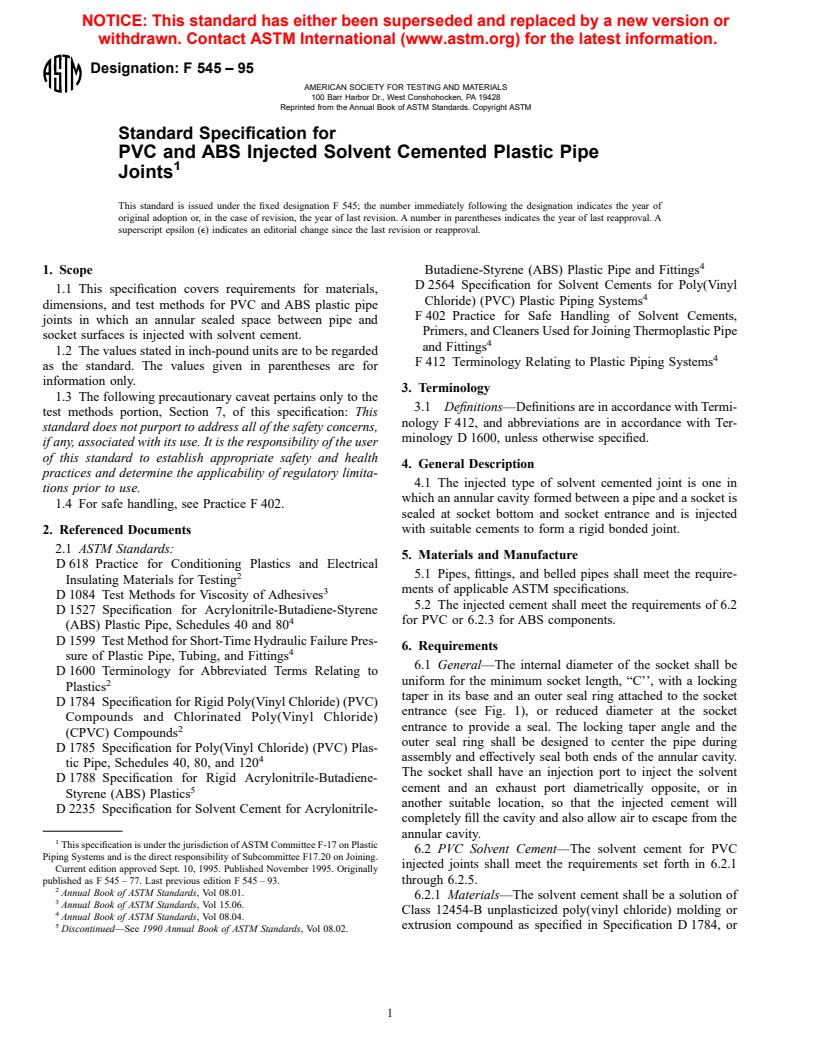 ASTM F545-95 - Specification for PVC and ABS Injected Solvent Cemented Plastic Pipe Joints (Withdrawn 2001)