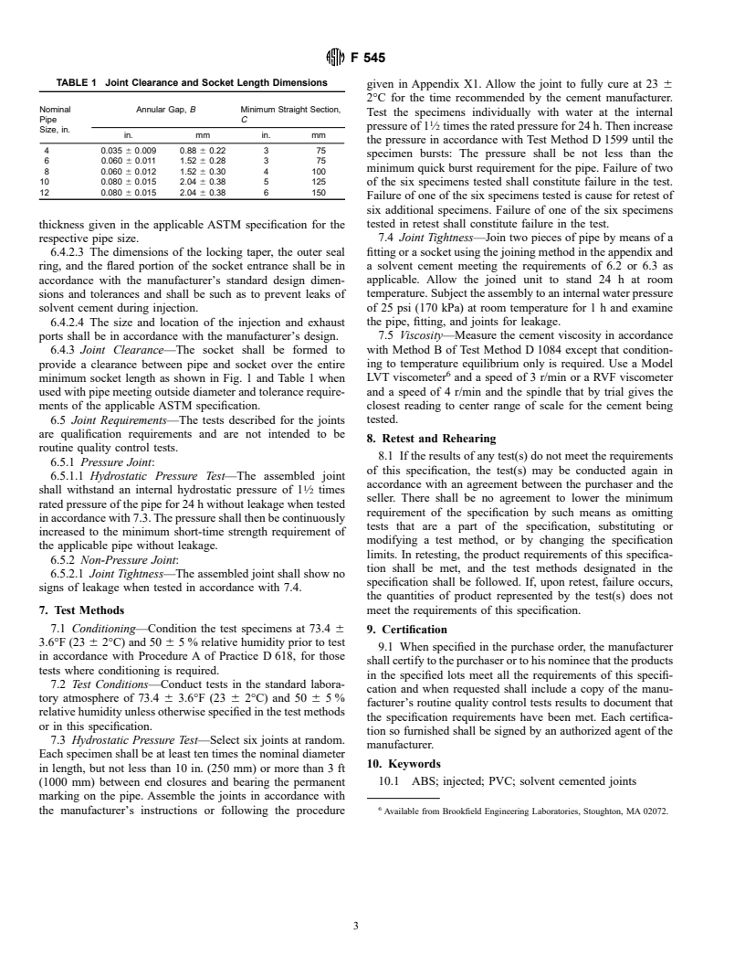 ASTM F545-95 - Specification for PVC and ABS Injected Solvent Cemented Plastic Pipe Joints (Withdrawn 2001)