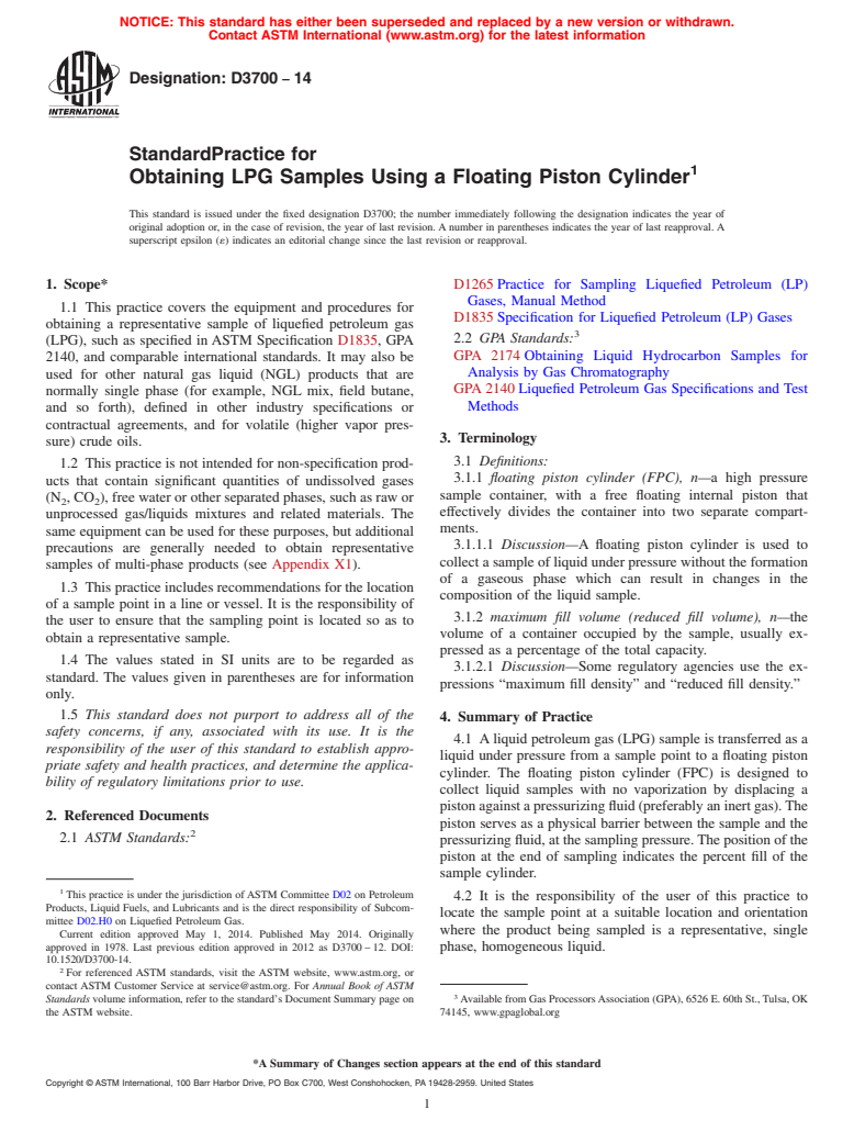 ASTM D3700-14 - Standard Practice for Obtaining LPG Samples Using a Floating Piston Cylinder