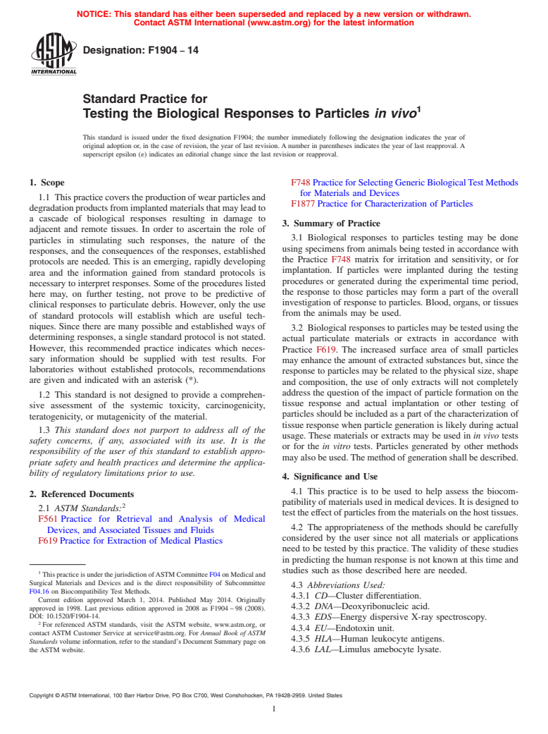 ASTM F1904-14 - Standard Practice for  Testing the Biological Responses to Particles <emph type="bdit"  >in vivo</emph>