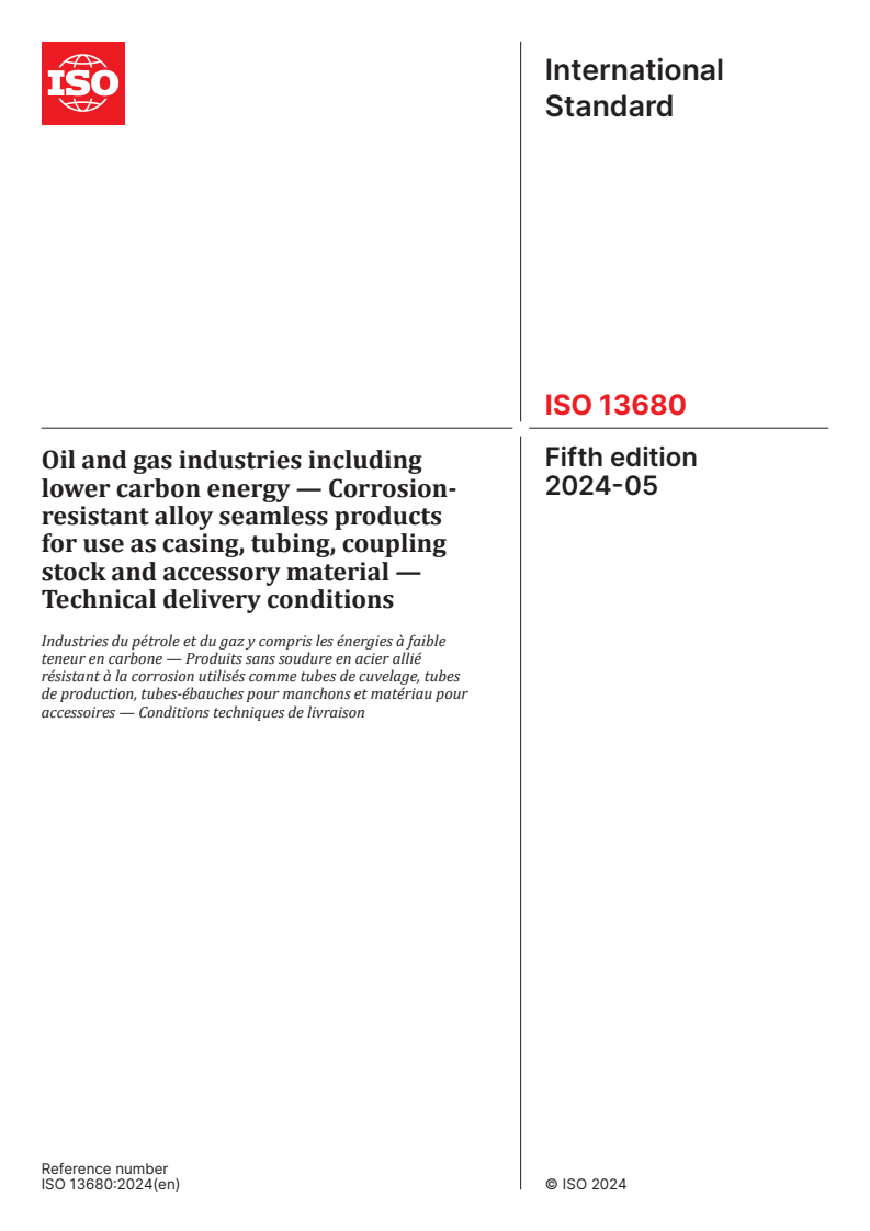ISO 13680:2024 - Oil and gas industries including lower carbon energy — Corrosion-resistant alloy seamless products for use as casing, tubing, coupling stock and accessory material — Technical delivery conditions
Released:17. 05. 2024