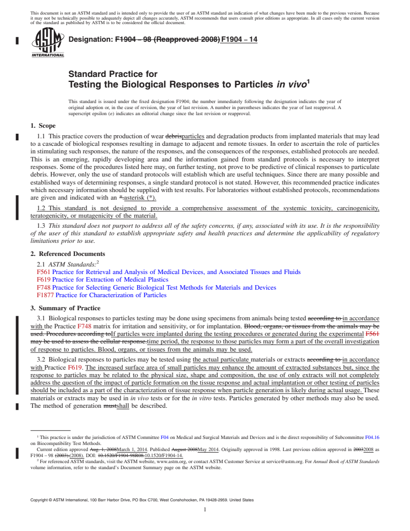 REDLINE ASTM F1904-14 - Standard Practice for  Testing the Biological Responses to Particles <emph type="bdit"  >in vivo</emph>