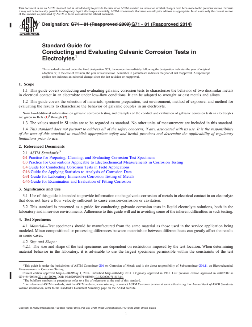 REDLINE ASTM G71-81(2014) - Standard Guide for  Conducting and Evaluating Galvanic Corrosion Tests in Electrolytes