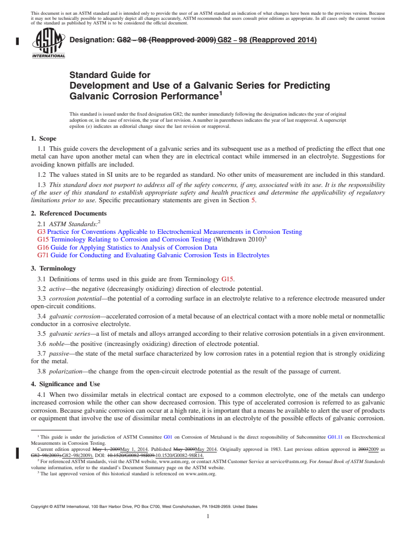 REDLINE ASTM G82-98(2014) - Standard Guide for  Development and Use of a Galvanic Series for Predicting Galvanic  Corrosion Performance