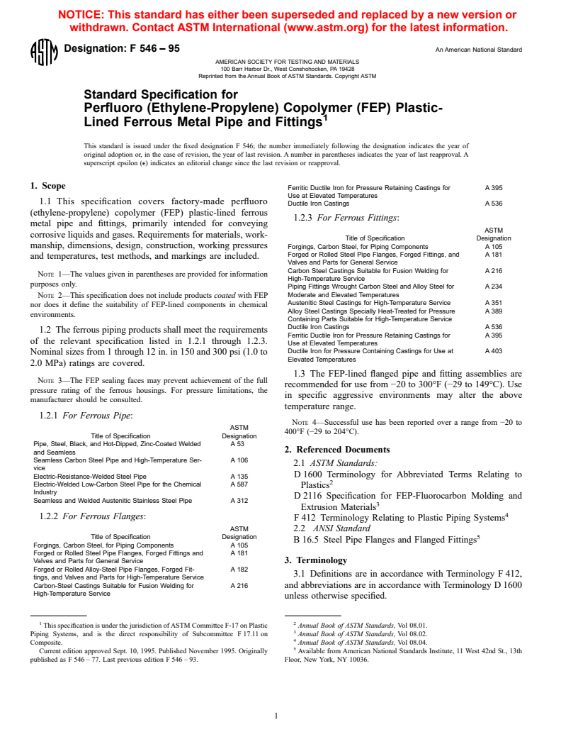 ASTM F546-95 - Standard Specification for Perfluoro (Ethylene-Propylene) Copolymer (FEP) Plastic-Lined Ferrous Metal Pipe and Fittings (Withdrawn 2002)