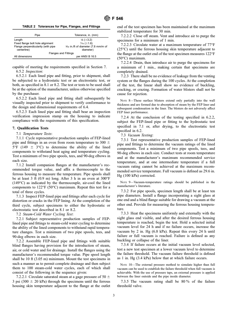 ASTM F546-95 - Standard Specification for Perfluoro (Ethylene-Propylene) Copolymer (FEP) Plastic-Lined Ferrous Metal Pipe and Fittings (Withdrawn 2002)