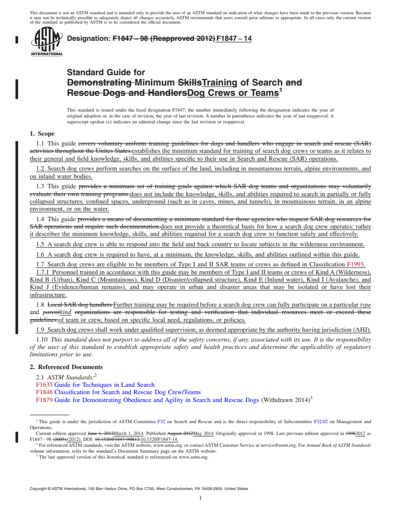 REDLINE ASTM F1847-14 - Standard Guide for  Minimum Training of Search Dog Crews or Teams