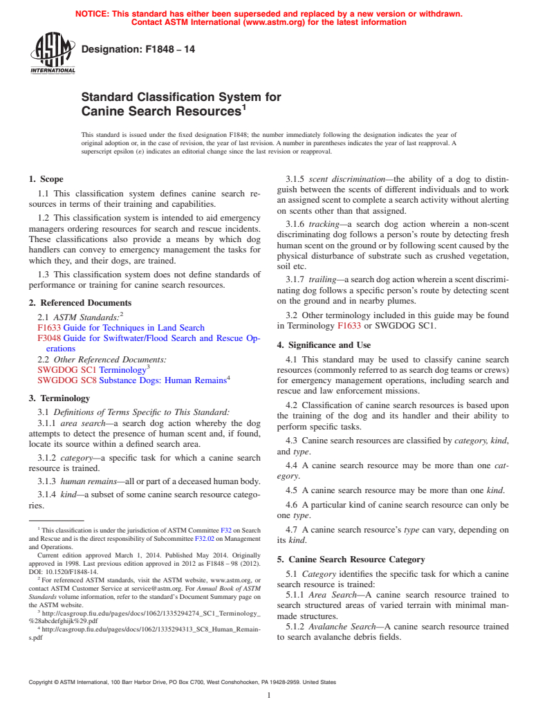 ASTM F1848-14 - Standard Classification System for  Canine Search Resources