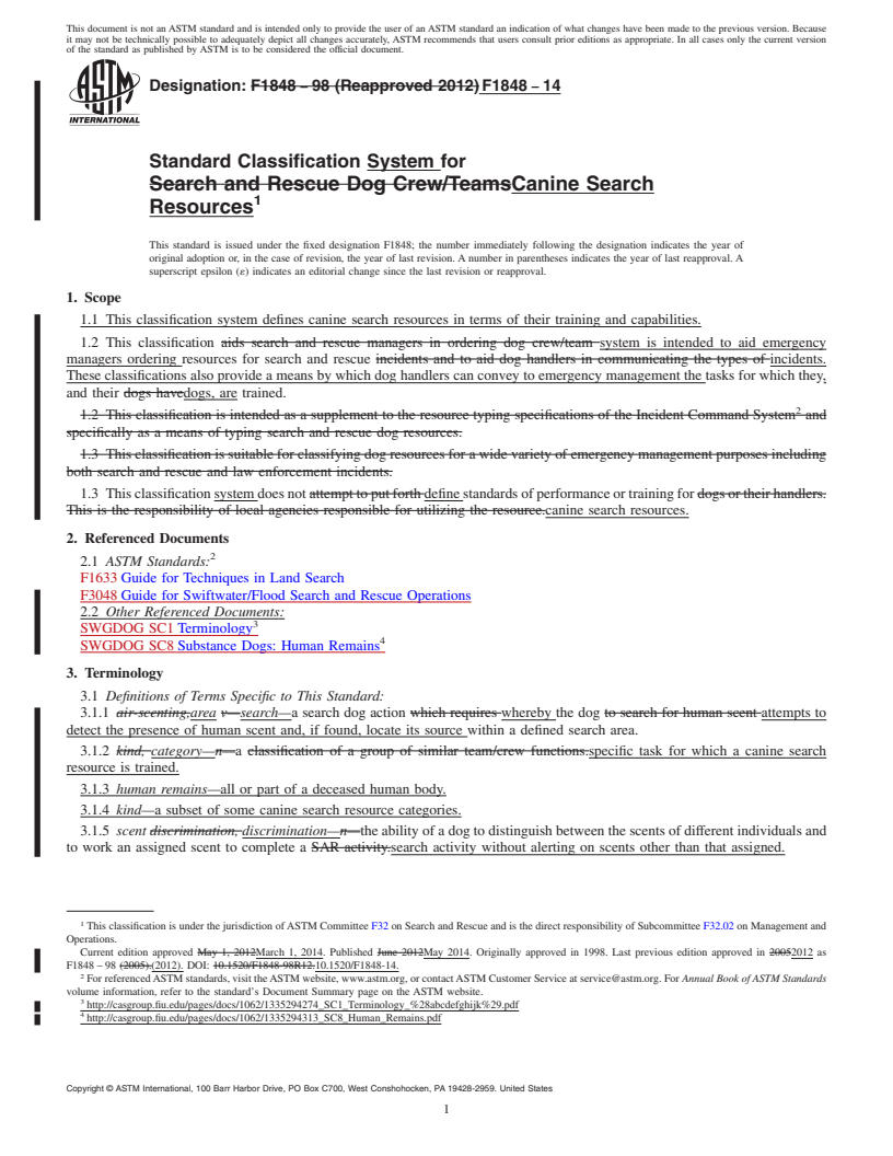 REDLINE ASTM F1848-14 - Standard Classification System for  Canine Search Resources