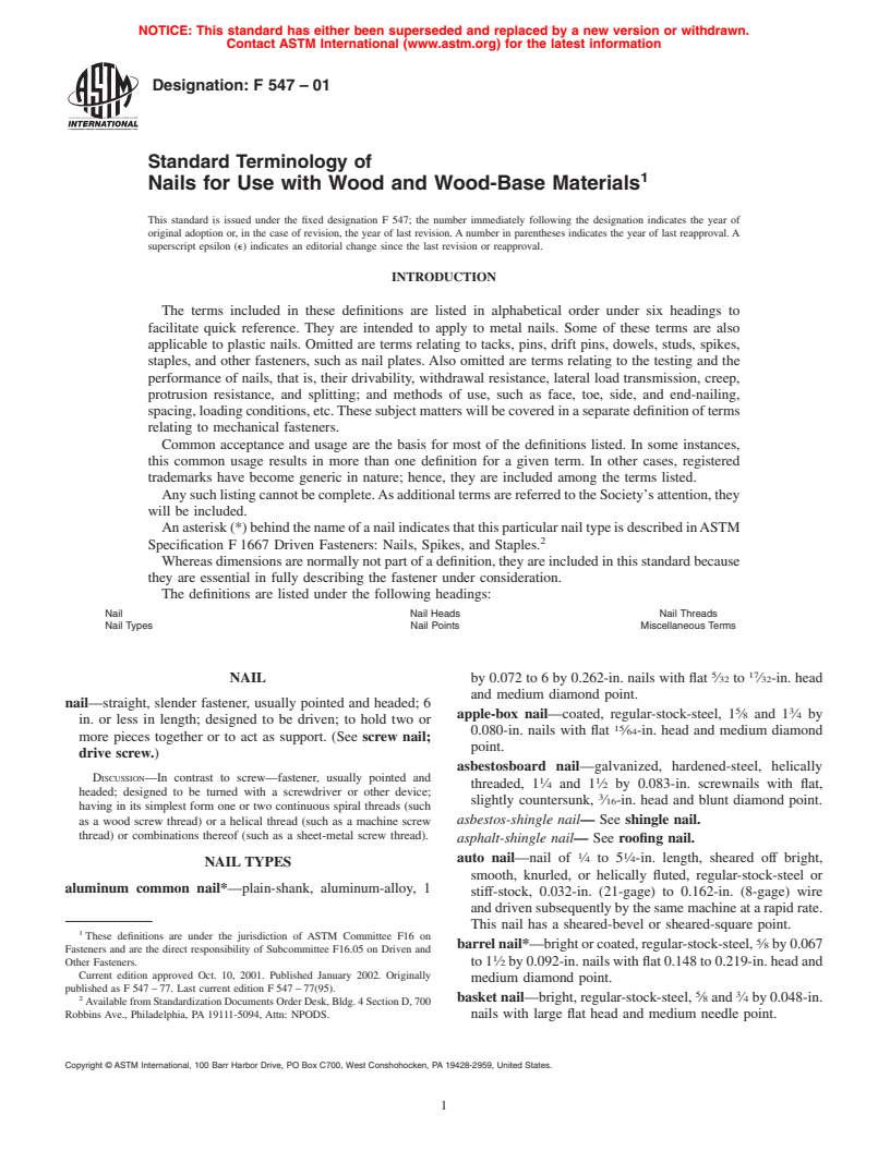 ASTM F547-01 - Standard Terminology of Nails for Use with Wood and Wood-Base Materials