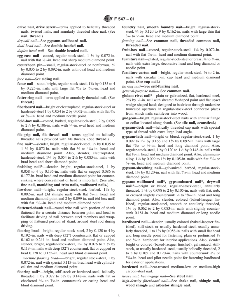 ASTM F547-01 - Standard Terminology of Nails for Use with Wood and Wood-Base Materials