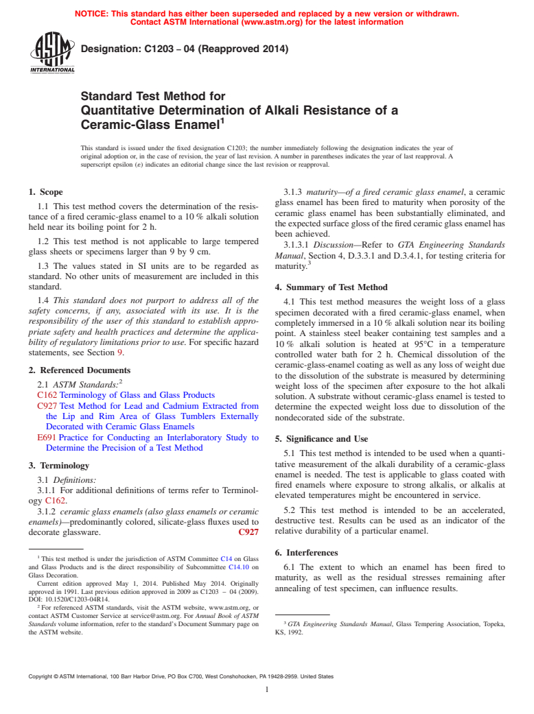 ASTM C1203-04(2014) - Standard Test Method for  Quantitative Determination of Alkali Resistance of a Ceramic-Glass  Enamel