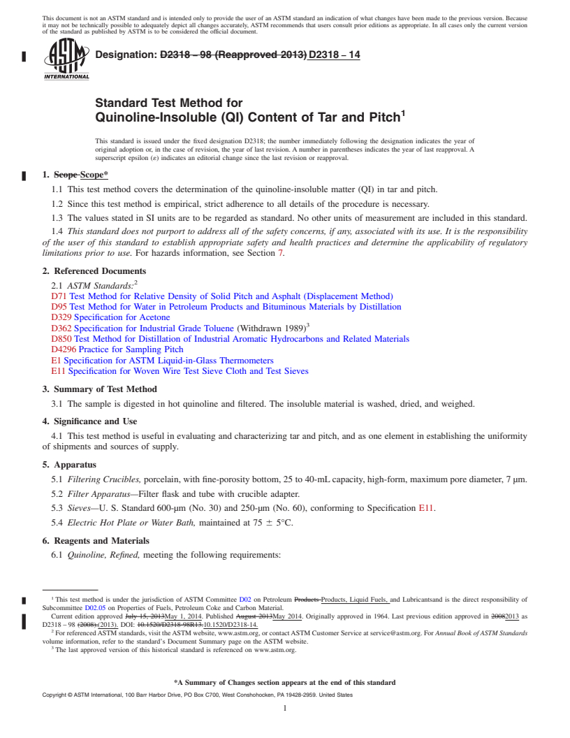 REDLINE ASTM D2318-14 - Standard Test Method for  Quinoline-Insoluble &#40;QI&#41; Content of Tar and Pitch