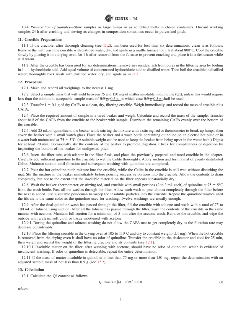 REDLINE ASTM D2318-14 - Standard Test Method for  Quinoline-Insoluble &#40;QI&#41; Content of Tar and Pitch