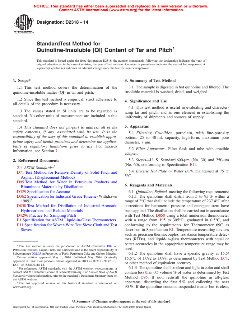 ASTM D2318-14 - Standard Test Method for  Quinoline-Insoluble &#40;QI&#41; Content of Tar and Pitch