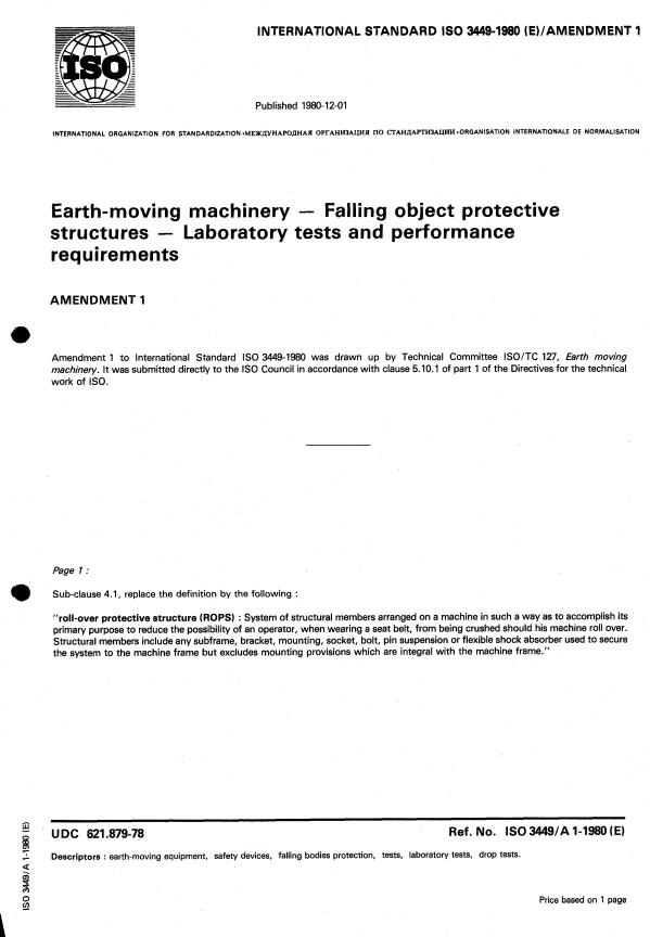 ISO 3449:1980 - Earth-moving machinery -- Falling-object protective structures -- Laboratory test and performance requirements