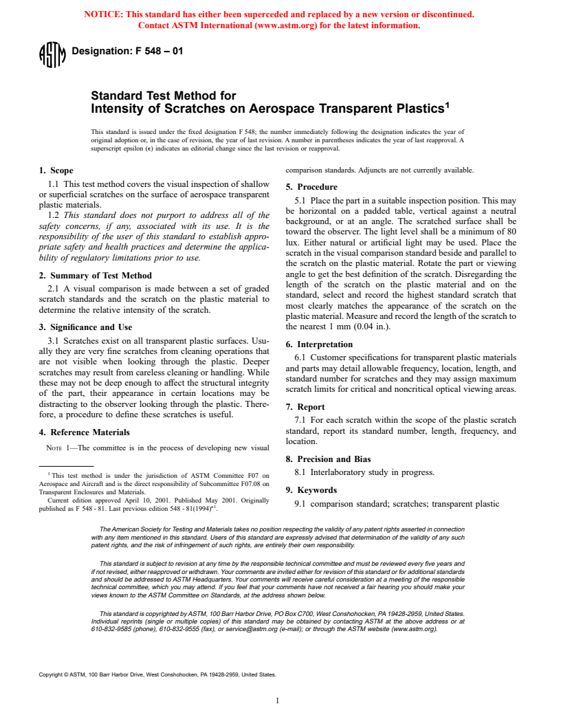 ASTM F548-01 - Standard Test Method for Intensity of Scratches on Aerospace Transparent Plastics