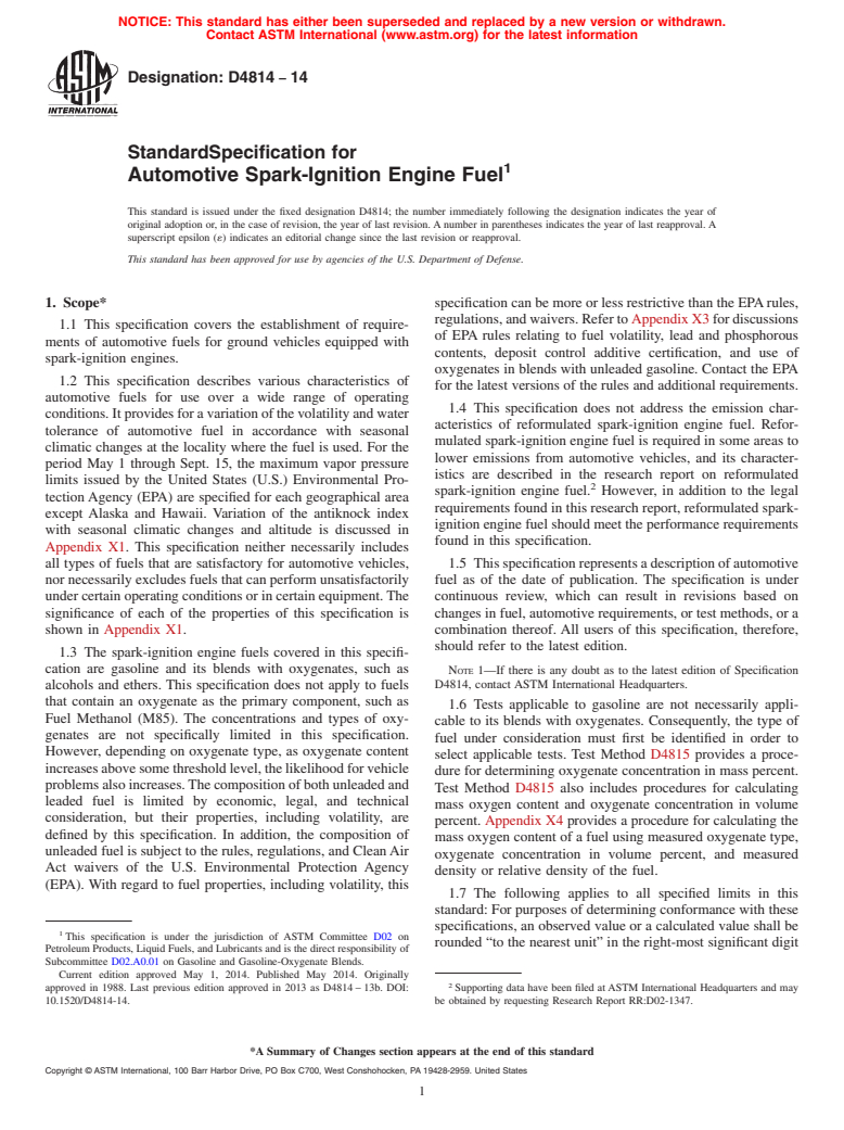 ASTM D4814-14 - Standard Specification for Automotive Spark-Ignition Engine Fuel