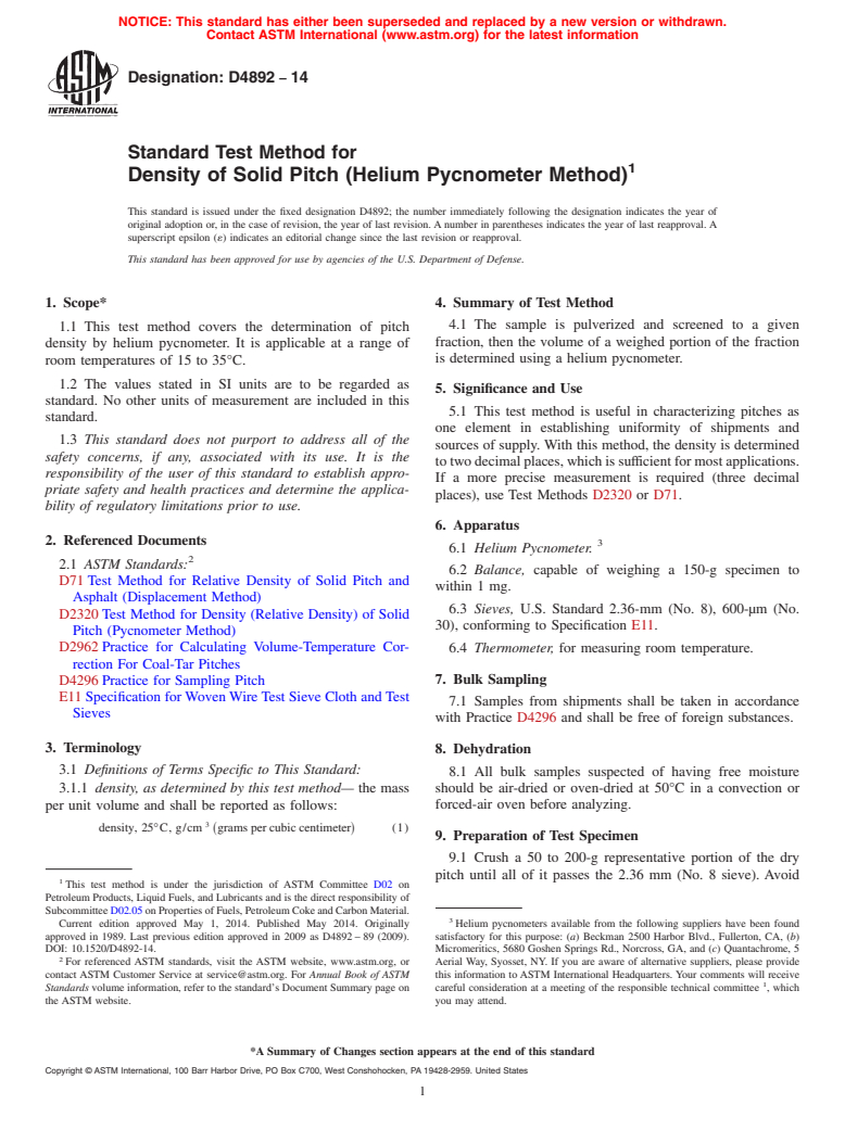 ASTM D4892-14 - Standard Test Method for  Density of Solid Pitch &#40;Helium Pycnometer Method&#41;