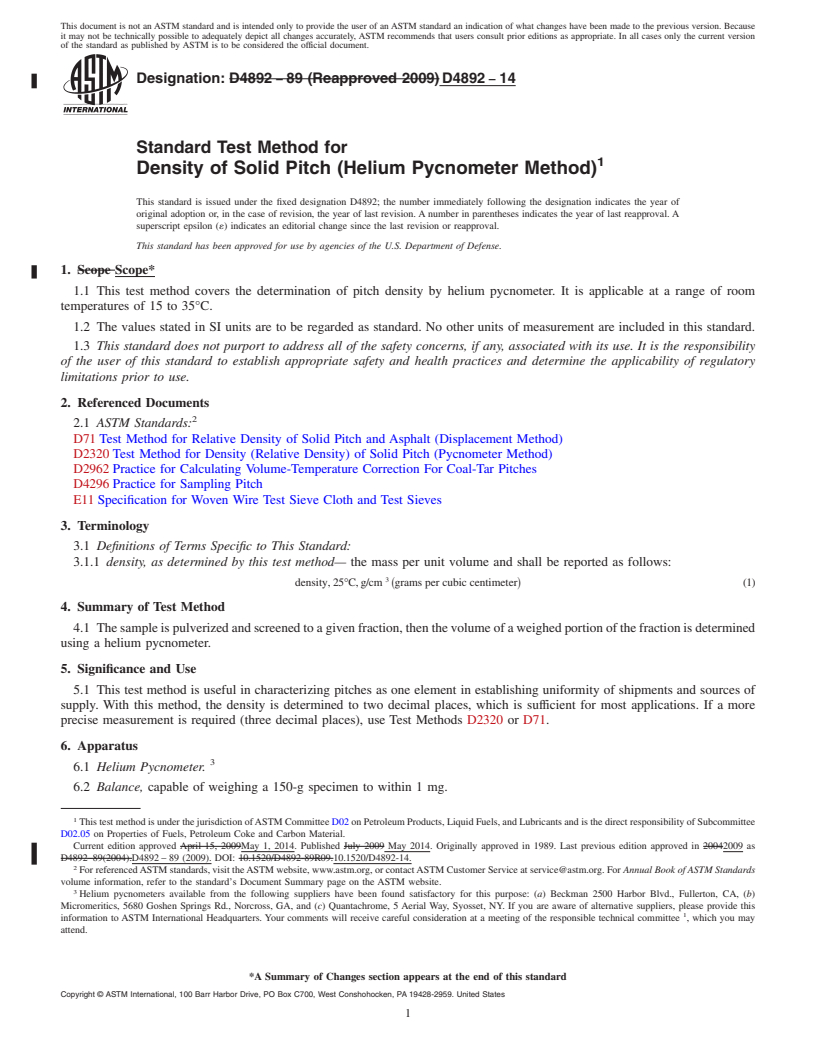 REDLINE ASTM D4892-14 - Standard Test Method for  Density of Solid Pitch &#40;Helium Pycnometer Method&#41;