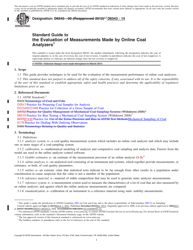 REDLINE ASTM D6543-14 - Standard Guide to  the Evaluation of Measurements Made by Online Coal Analyzers