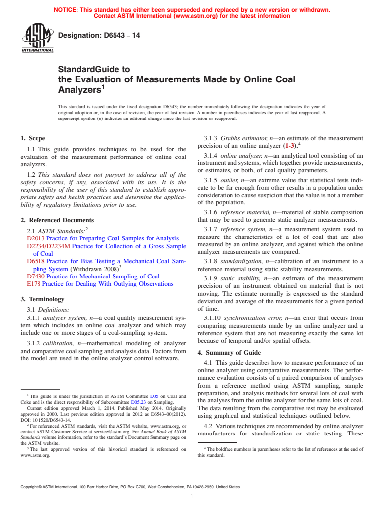 ASTM D6543-14 - Standard Guide to  the Evaluation of Measurements Made by Online Coal Analyzers