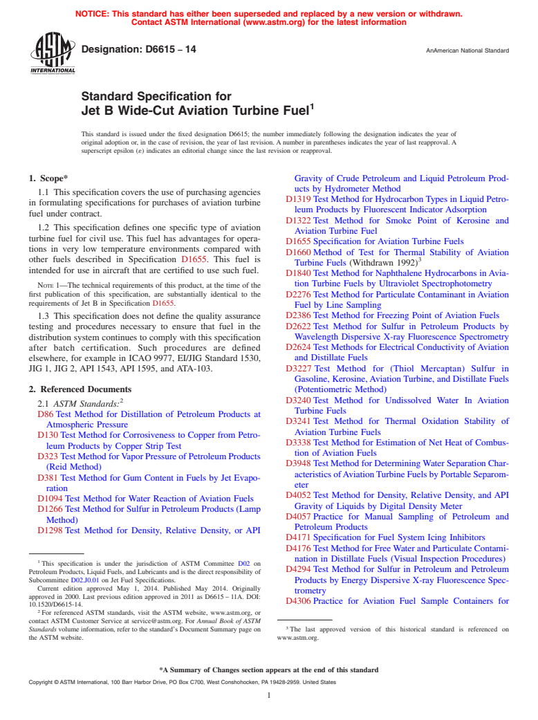 ASTM D6615-14 - Standard Specification for  Jet B Wide-Cut Aviation Turbine Fuel