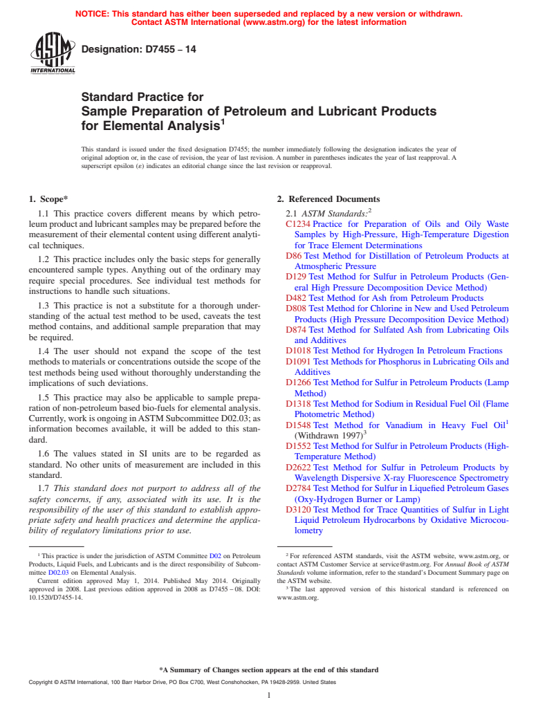 ASTM D7455-14 - Standard Practice for  Sample Preparation of Petroleum and Lubricant Products for  Elemental Analysis