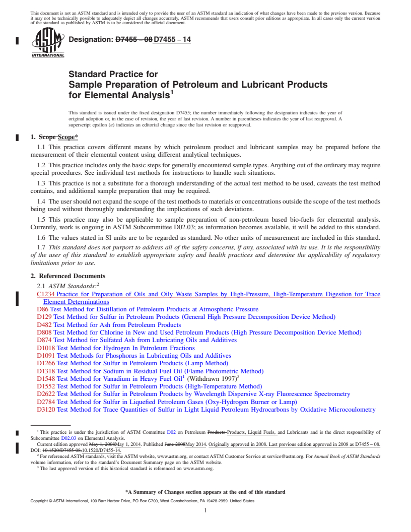 REDLINE ASTM D7455-14 - Standard Practice for  Sample Preparation of Petroleum and Lubricant Products for  Elemental Analysis