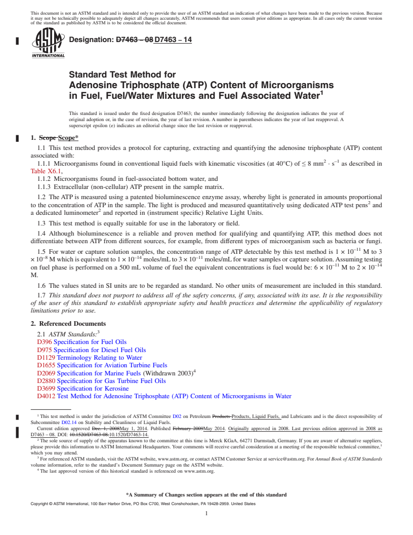 REDLINE ASTM D7463-14 - Standard Test Method for  Adenosine Triphosphate &#40;ATP&#41; Content of Microorganisms in Fuel,  Fuel/Water Mixtures and Fuel Associated Water