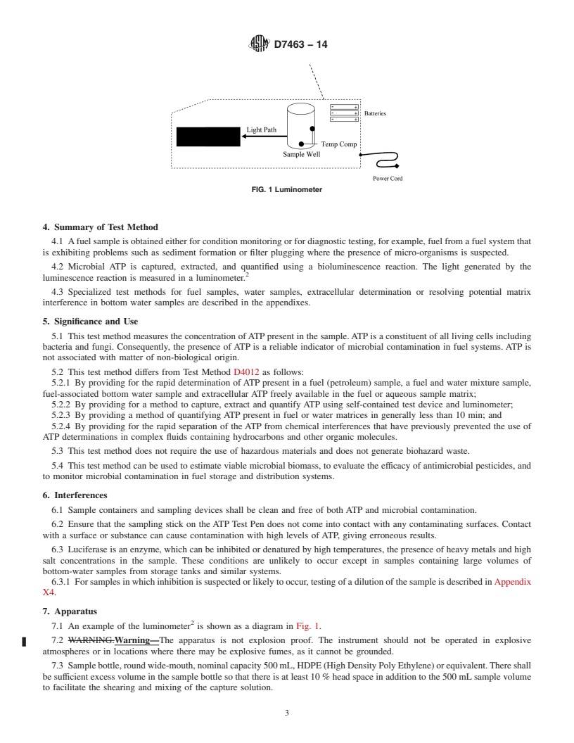 REDLINE ASTM D7463-14 - Standard Test Method for  Adenosine Triphosphate &#40;ATP&#41; Content of Microorganisms in Fuel,  Fuel/Water Mixtures and Fuel Associated Water