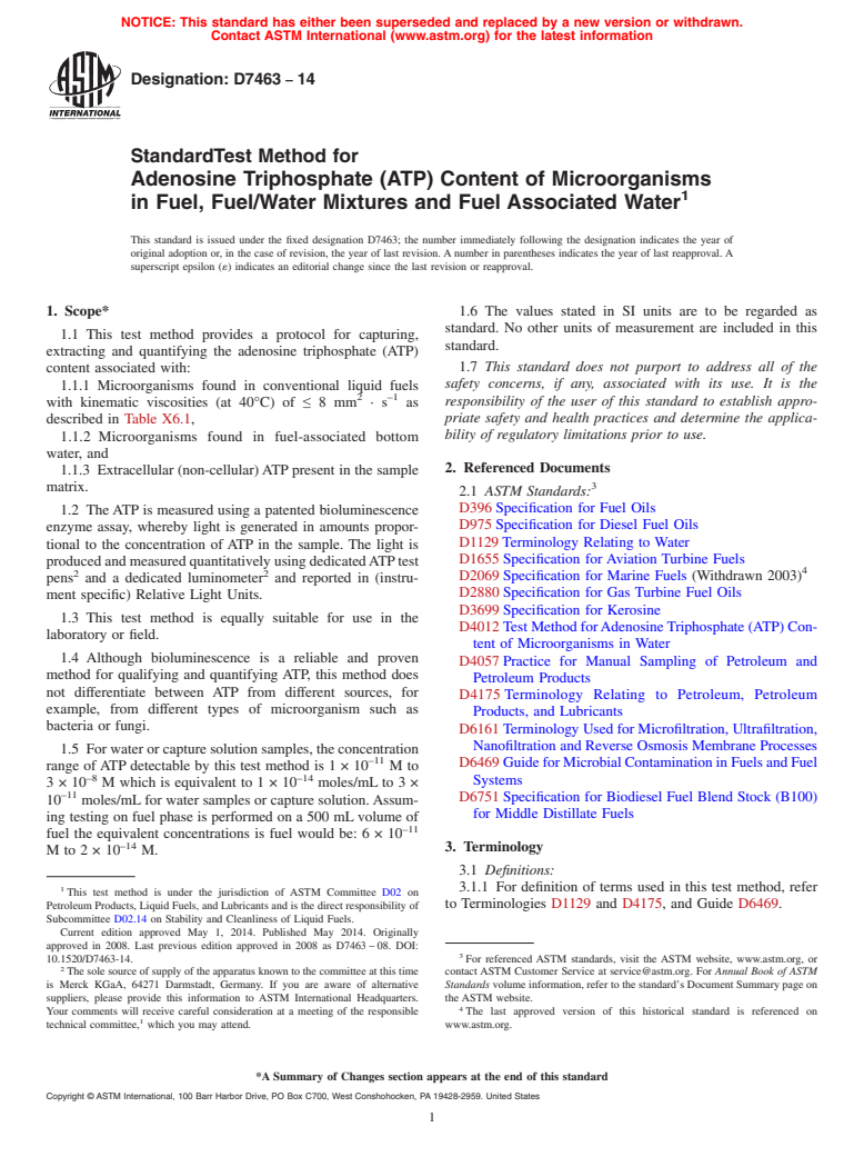 ASTM D7463-14 - Standard Test Method for  Adenosine Triphosphate &#40;ATP&#41; Content of Microorganisms in Fuel,  Fuel/Water Mixtures and Fuel Associated Water