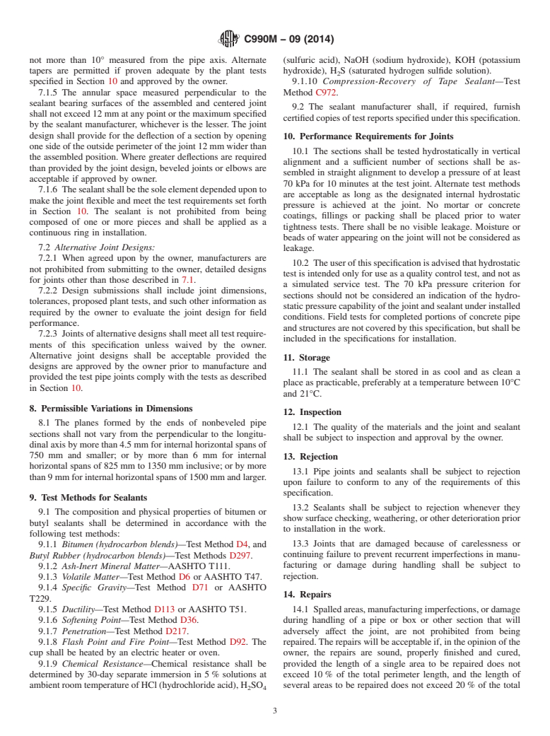 ASTM C990M-09(2014) - Standard Specification for  Joints for Concrete Pipe, Manholes, and Precast Box Sections  Using Preformed Flexible Joint Sealants &#40;Metric&#41;