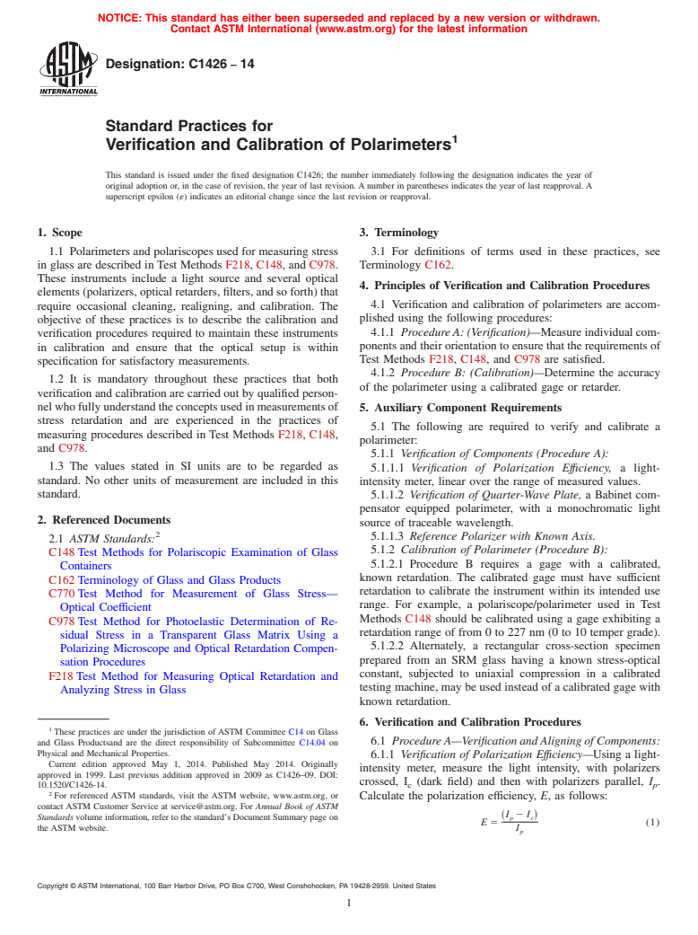 ASTM C1426-14 - Standard Practices for  Verification and Calibration of Polarimeters