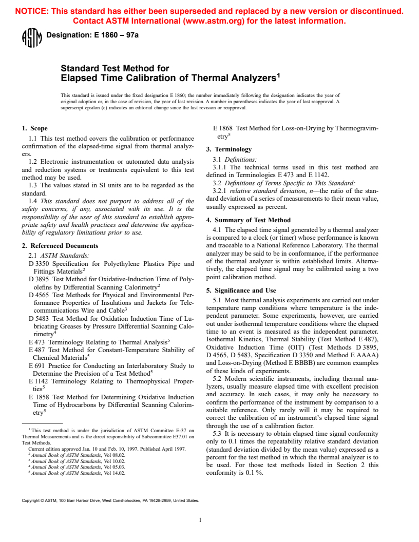 ASTM E1860-97a - Standard Test Method for Elapsed Time Calibration Thermal Analyzers