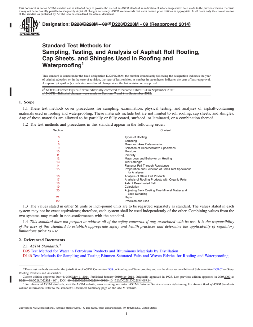 REDLINE ASTM D228/D228M-09(2014) - Standard Test Methods for  Sampling, Testing, and Analysis of Asphalt Roll Roofing, Cap   Sheets, and Shingles Used in Roofing and Waterproofing