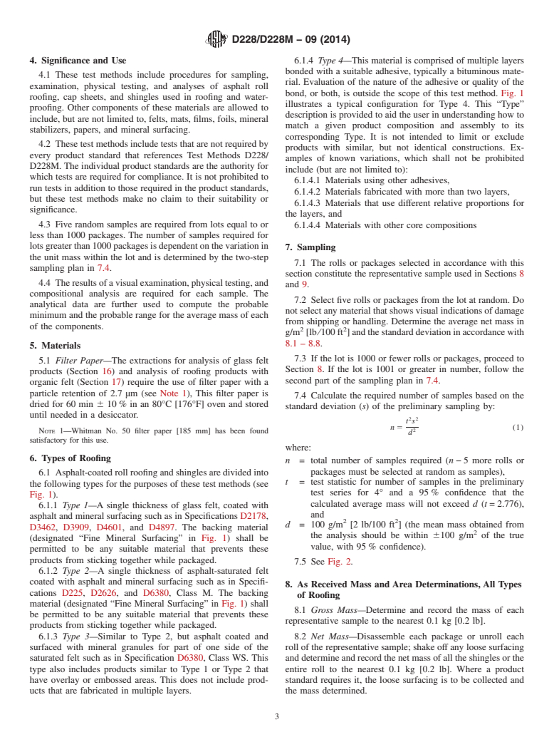 ASTM D228/D228M-09(2014) - Standard Test Methods for  Sampling, Testing, and Analysis of Asphalt Roll Roofing, Cap   Sheets, and Shingles Used in Roofing and Waterproofing