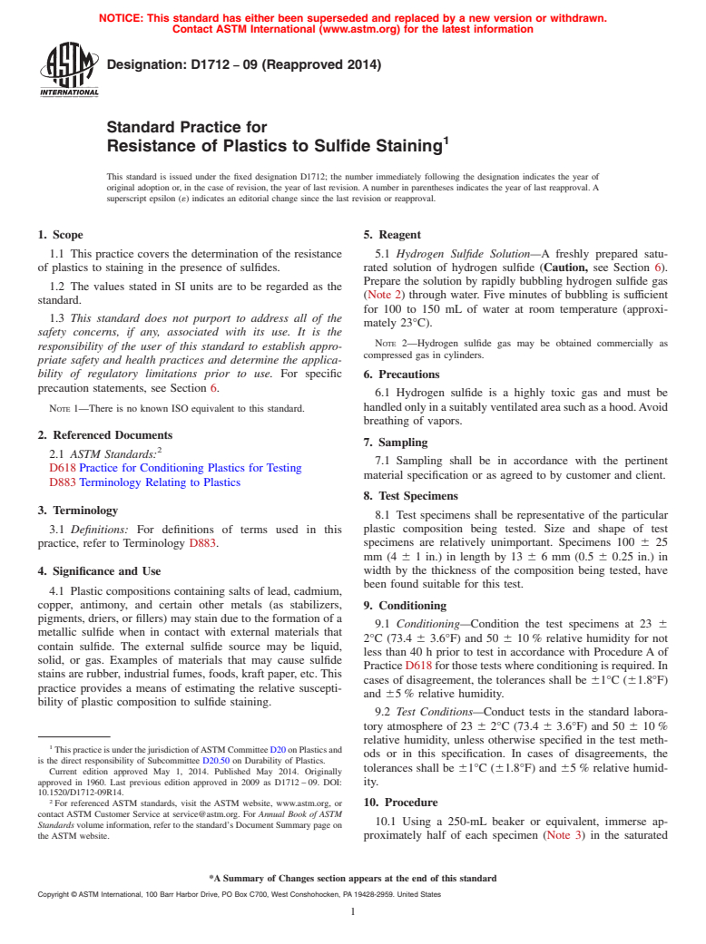 ASTM D1712-09(2014) - Standard Practice for  Resistance of Plastics to Sulfide Staining