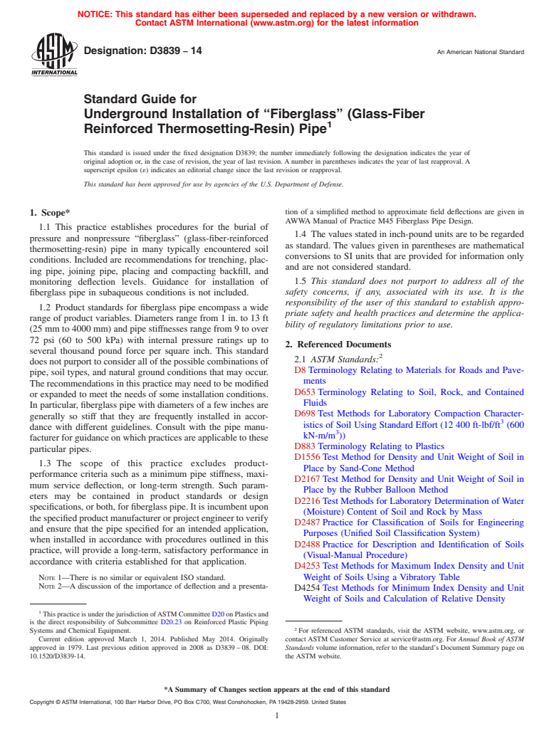 ASTM D3839-14 - Standard Guide for  Underground Installation of &ldquo;Fiberglass&rdquo; &#40;Glass-Fiber  Reinforced Thermosetting-Resin&#41; Pipe