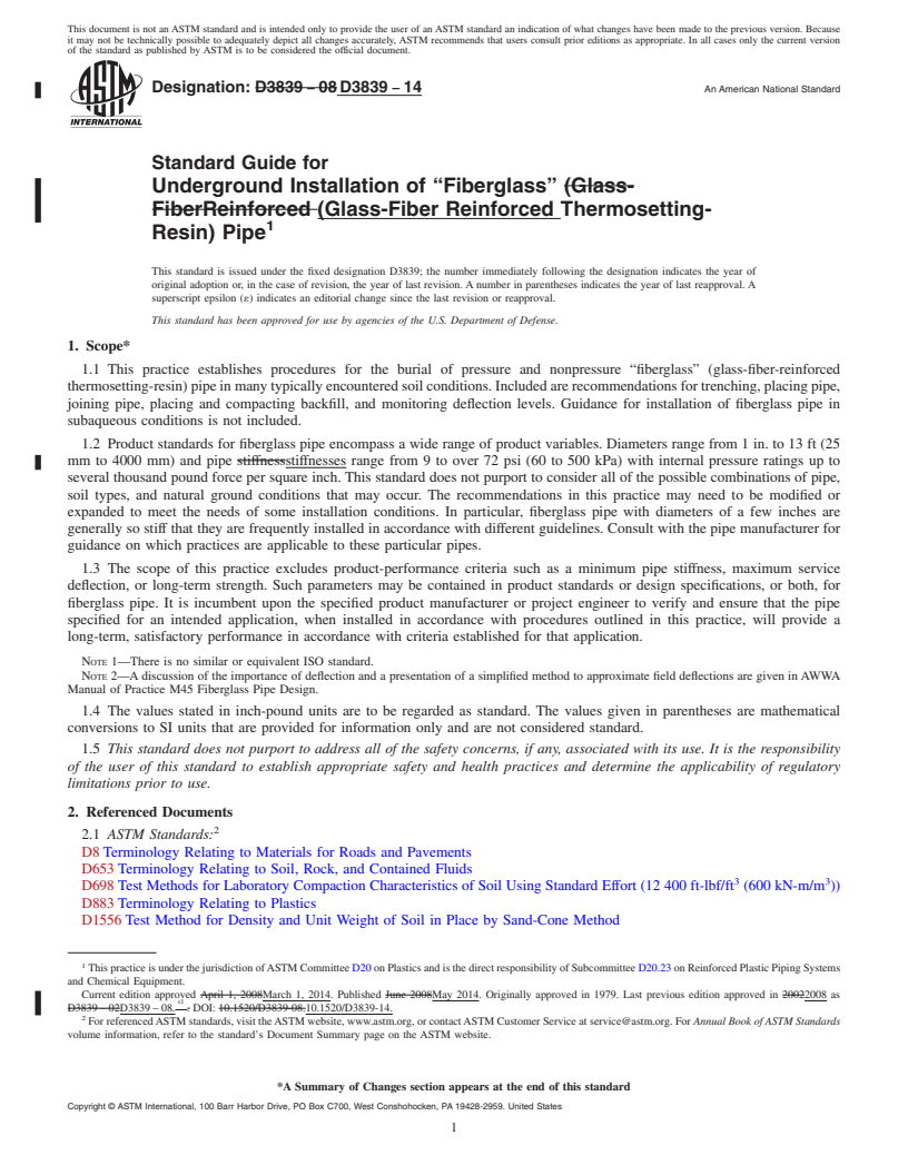 REDLINE ASTM D3839-14 - Standard Guide for  Underground Installation of &ldquo;Fiberglass&rdquo; &#40;Glass-Fiber  Reinforced Thermosetting-Resin&#41; Pipe