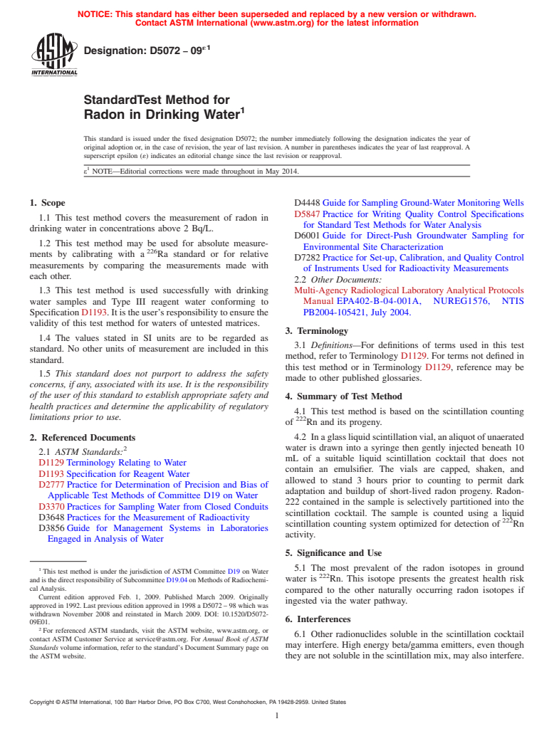 ASTM D5072-09e1 - Standard Test Method for  Radon in Drinking Water