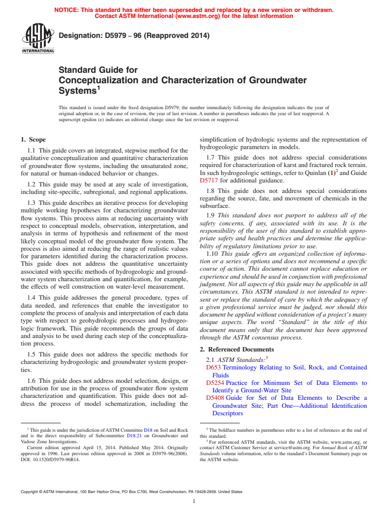 ASTM D5979-96(2014) - Standard Guide for  Conceptualization and Characterization of Groundwater Systems