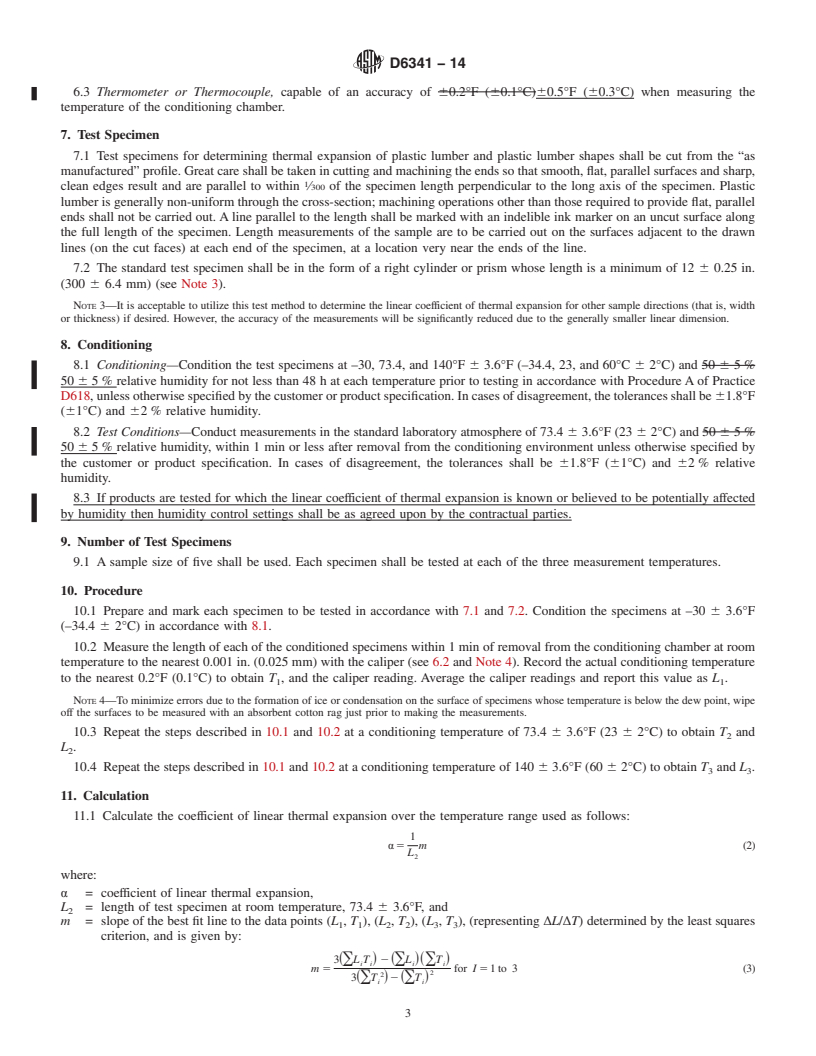 REDLINE ASTM D6341-14 - Standard Test Method for  Determination of the Linear Coefficient of Thermal Expansion  of Plastic Lumber and Plastic Lumber Shapes Between &ndash;30 and  140&deg;F &#40;&ndash;34.4 and 60&deg;C&#41;