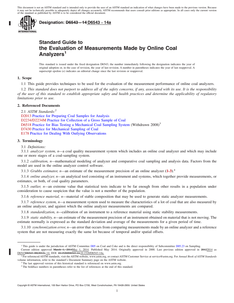 REDLINE ASTM D6543-14a - Standard Guide to  the Evaluation of Measurements Made by Online Coal Analyzers