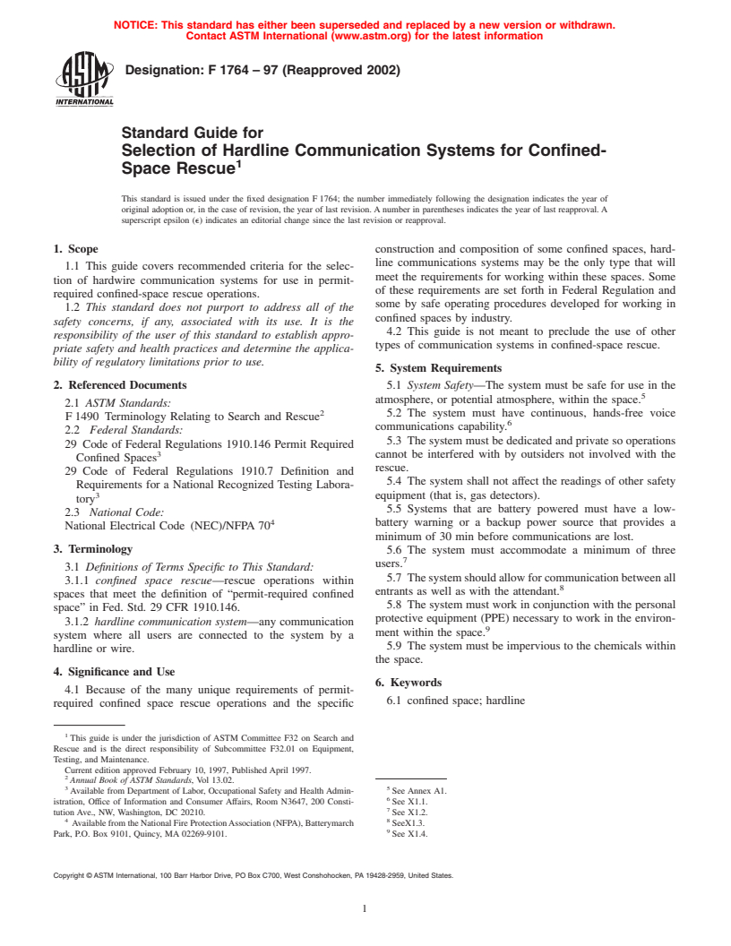 ASTM F1764-97(2002) - Standard Guide for Selection of Hardline Communication Systems for Confined-Space Rescue