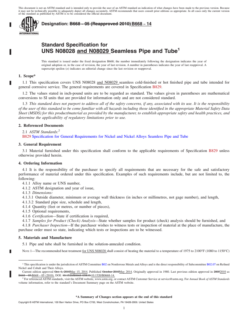 REDLINE ASTM B668-14 - Standard Specification for UNS N08028 and N08029 Seamless Pipe and Tube