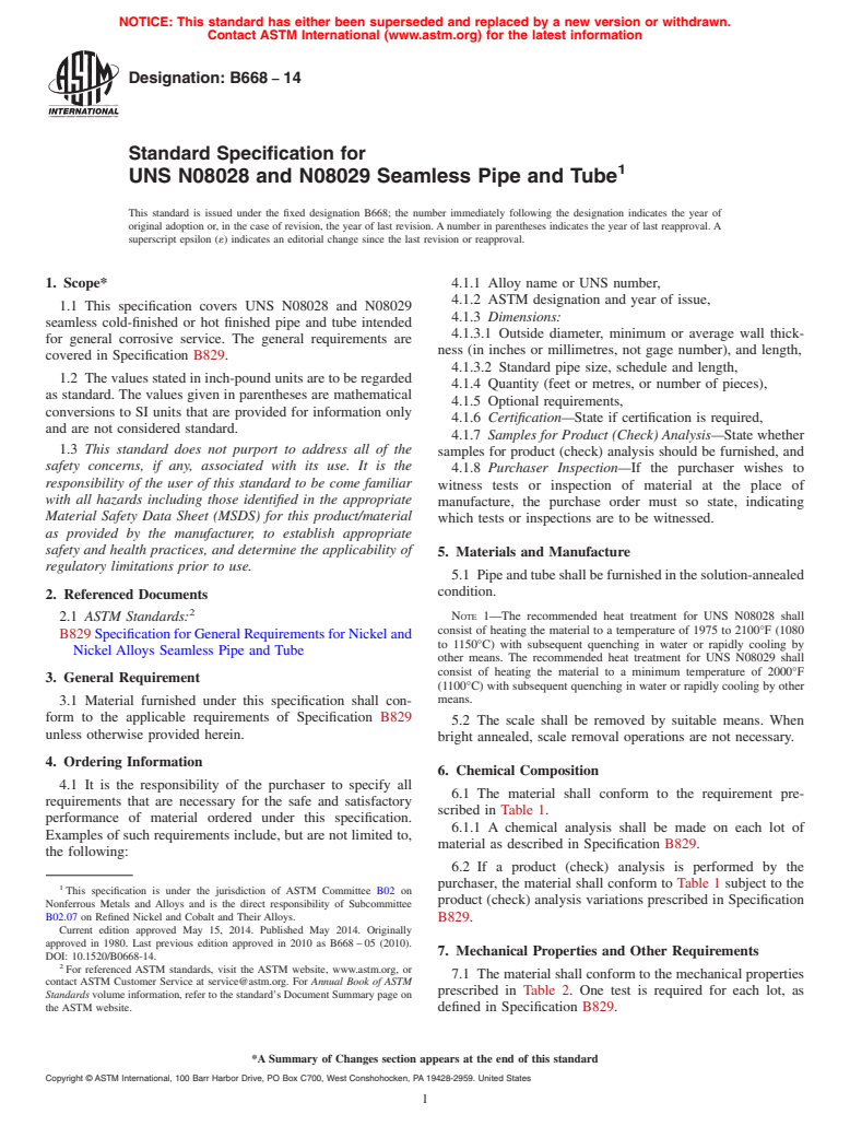 ASTM B668-14 - Standard Specification for UNS N08028 and N08029 Seamless Pipe and Tube