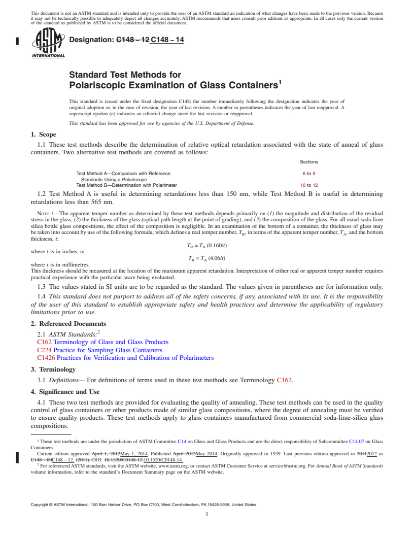 REDLINE ASTM C148-14 - Standard Test Methods for  Polariscopic Examination of Glass Containers